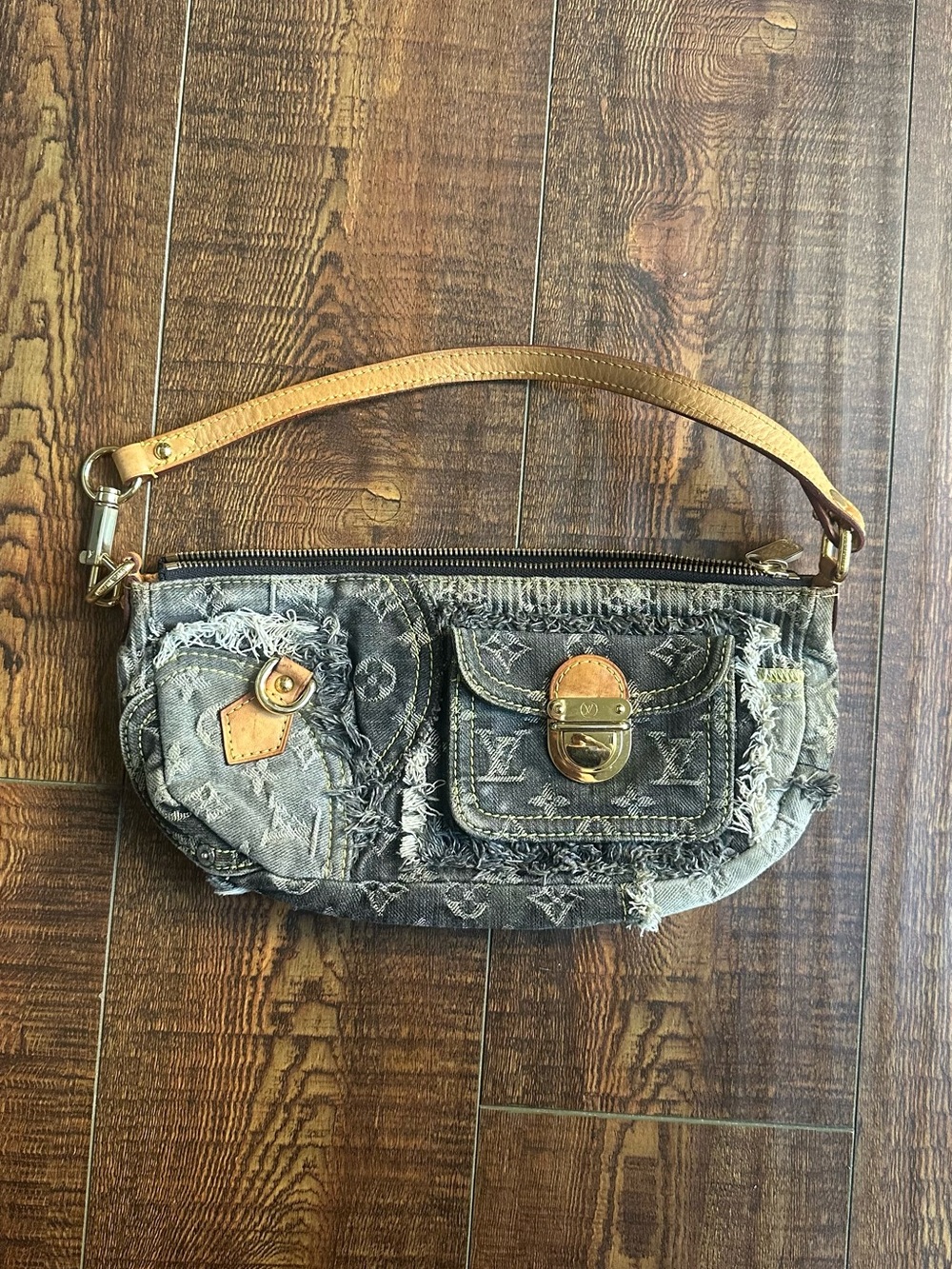 Louis Vuitton Distressed Denim Shoulder Bag with Tan Leather Strap